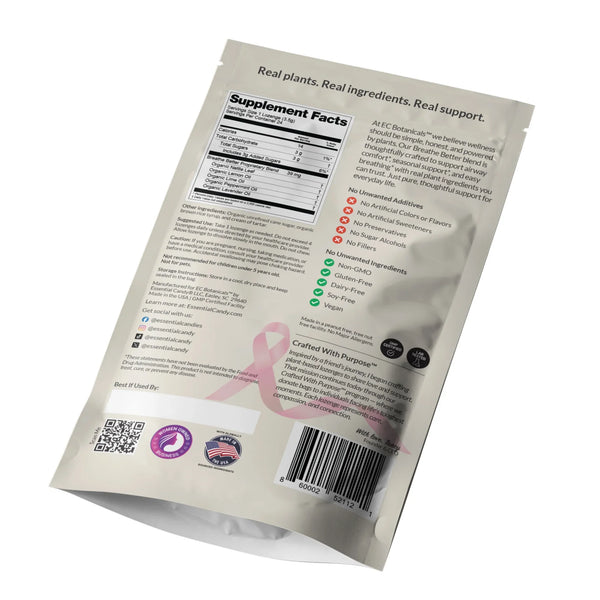 Back of Bag Packaging of EC Botanicals by Essential Candy Breathe Better Botanical Lozenges with lemon, lime, nettle leaf, peppermint, and lavender on a white background.