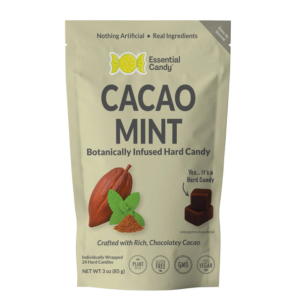 Packaging of Essential Candy Cacao Mint hard candy on a white background