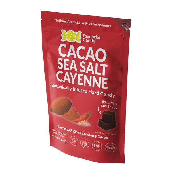 Red package of Essential Candy Cacao Sea Salt Cayenne hard candy on a white background