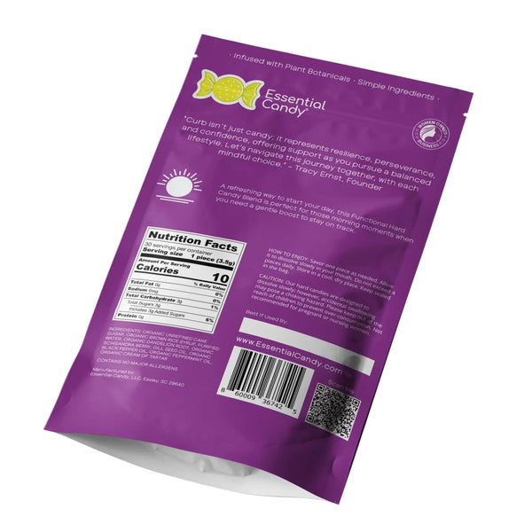 Back of package CURB AM Botanical Lozenges with Dandelion Root, Schisandra Berry, Dill, Black Pepper, and Peppermint - Essential Candy