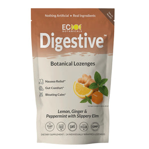 Package of Eco Botanicals by Essential Candy Digestive Blend Botanical Lozenges with lemon, ginger, slippery elm, and peppermint on a white background