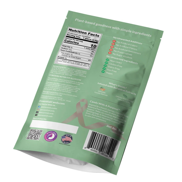 Green back of package of Essential Candy Ginger Green Tea hard candy with branding and product details.