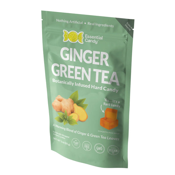 Green package of Essential Candy Ginger Green Tea hard candy with branding and product details.