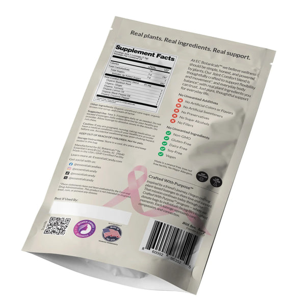 Back of Package of EC Botanicals by Essential Candy for its Joint Comfort Botanical Lozenges on a white background