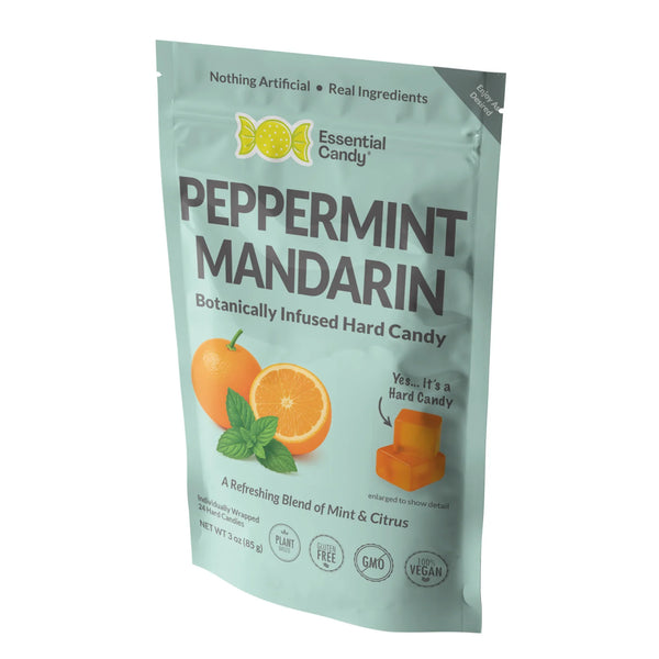 Packaging of Essential Candy Peppermint Mandarin hard candy on a white background