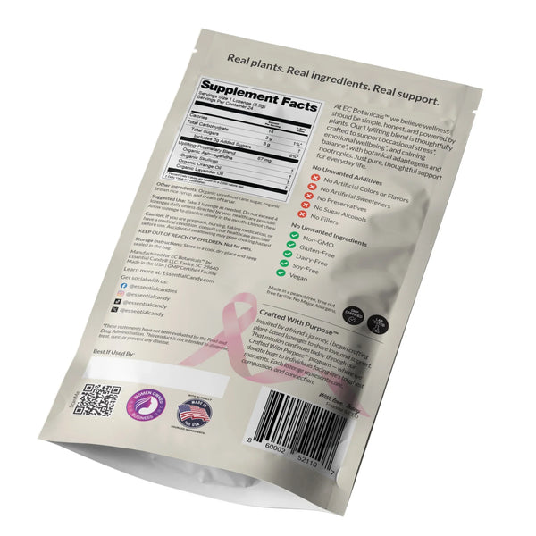 Back of a Slumber botanical lozenges for sleep package with text and logos on a white background