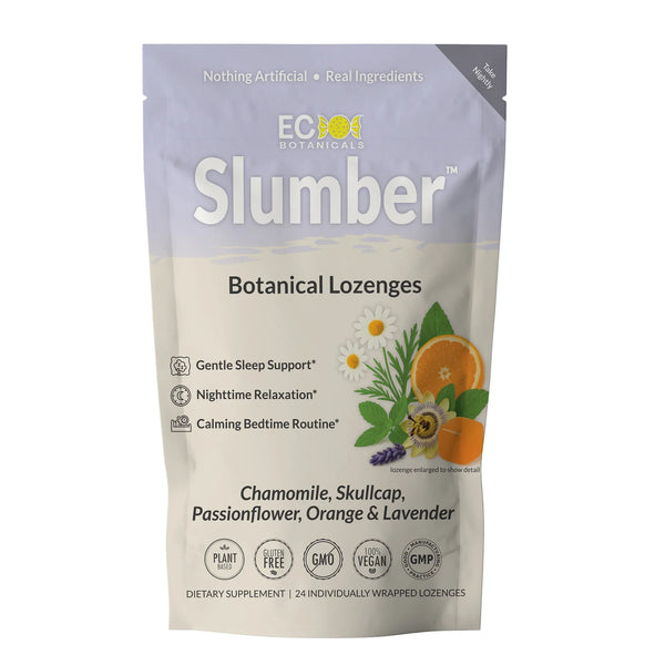 Package of Slumber Botanical Lozenges with natural ingredients on a white background