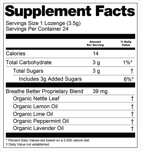 Supplement facts label for Breathe Better Botanical Lozenges with various health benefits listed.