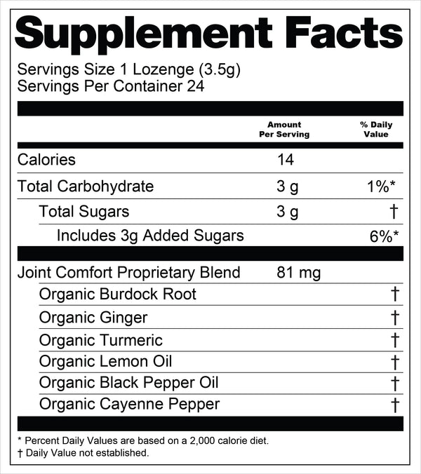 Supplement facts label for Joint Comfort a lozenge product with nutritional information and ingredients.