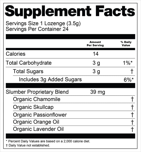Supplement facts label for Slumber botanical lozenges with various ingredients listed.
