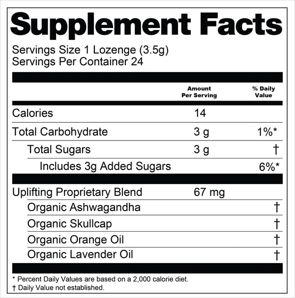 Supplement facts label for Uplifting a lozenge product with nutritional information and ingredients.