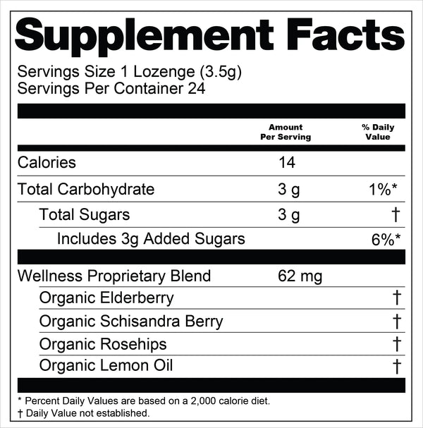 Supplement facts label for a Wellness lozenge product with nutritional information and ingredients.