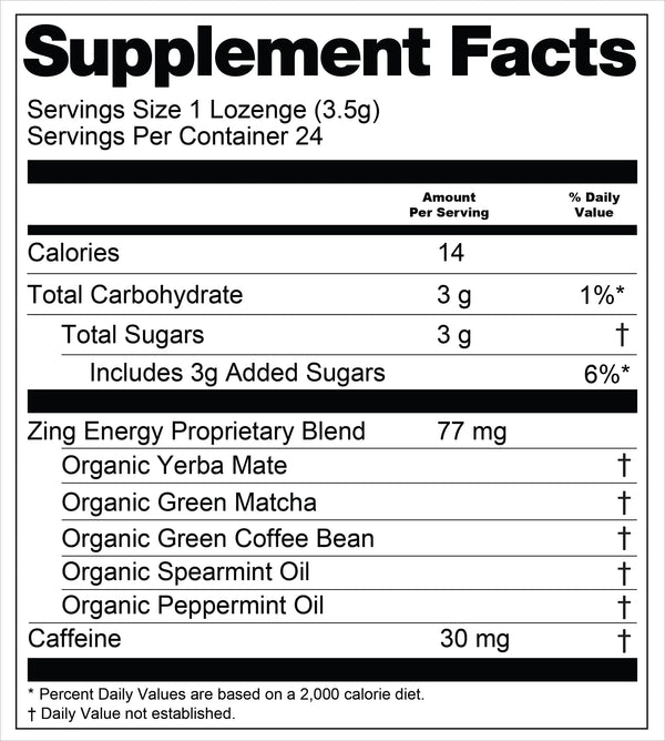 Supplement facts label for Zing Energy a lozenge product with nutritional information.