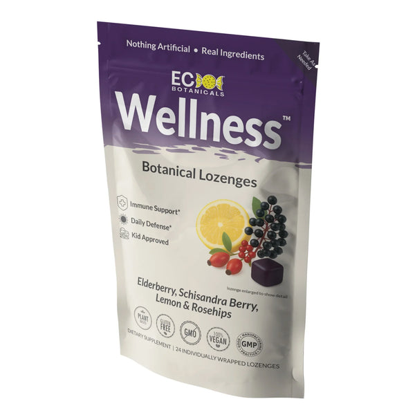 Package of EC Botanicals by Essential Candy Wellness Botanical Lozenges with purple and white design.