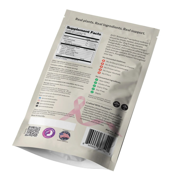Zing Energy Botanical Lozenges with matcha,yerba mate, green coffee bean,back of packaging with green and white design