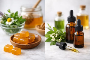Botanical lozenges in a wooden bowl compared with amber glass tincture bottles and herbs.