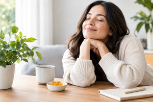 Smiling woman resting chin on hands next to a cup of tea and plant-powered lozenges.