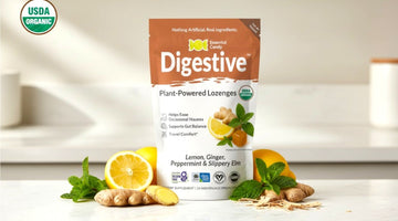 Essential Candy Digestive plant-powered lozenges with lemon, ginger, and peppermint.