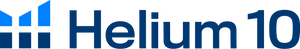 Helium 10 logo with blue geometric icon and bold text on white background