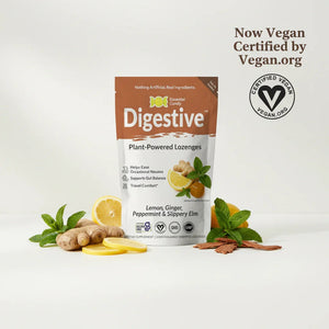 Essential Candy Digestive plant-powered lozenges with Vegan.org certification seal.