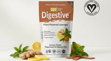 Essential Candy Digestive plant-powered lozenges with Vegan.org certification seal.
