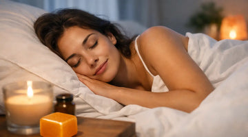 Woman sleeping peacefully in bed with a lit candle and wellness products nearby.