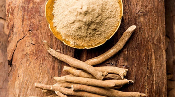 Organic ashwagandha powder in a small bowl with dried roots on a rustic wooden background.
