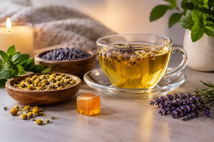 A cozy evening ritual scene with herbal tea, bowls of dried botanicals, and a honey cube.