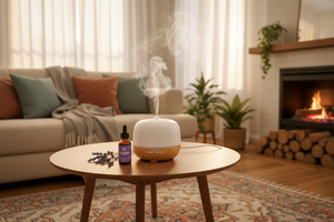 White and wood essential oil diffuser with mist, oil bottle, and lavender on a coffee table.