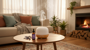 White and wood essential oil diffuser with mist, oil bottle, and lavender on a coffee table.
