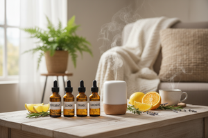 Essential oil bottles of peppermint, lemon, orange, and lavender with a diffuser and fresh citrus.