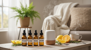 Essential oil bottles of peppermint, lemon, orange, and lavender with a diffuser and fresh citrus.