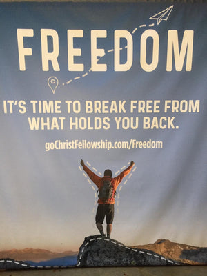 Man in orange jacket cheering atop a peak with 'FREEDOM' text and inspirational quote.