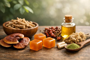 Organic adaptogens including Reishi mushrooms, herbal roots, botanical oil, and amber lozenges.