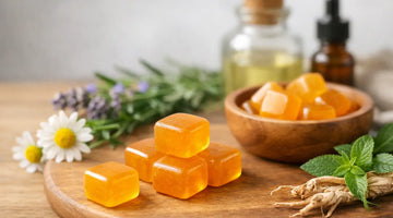 Organic botanical lozenges on a wooden board with chamomile, mint, and essential oils.