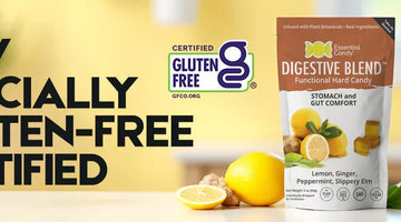 Essential Candy Digestive Blend gluten-free hard candy package with lemons and ginger on kitchen counter