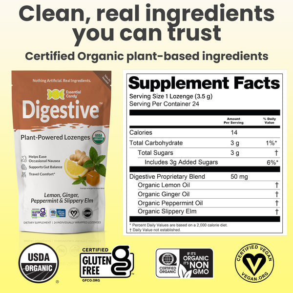Digestive™ Botanical Lozenges – Occasional Nausea Support & Travel Sickness – Organic Lemon, Ginger, Peppermint & Slippery Elm – Gluten-Free, Non-GMO, Vegan*