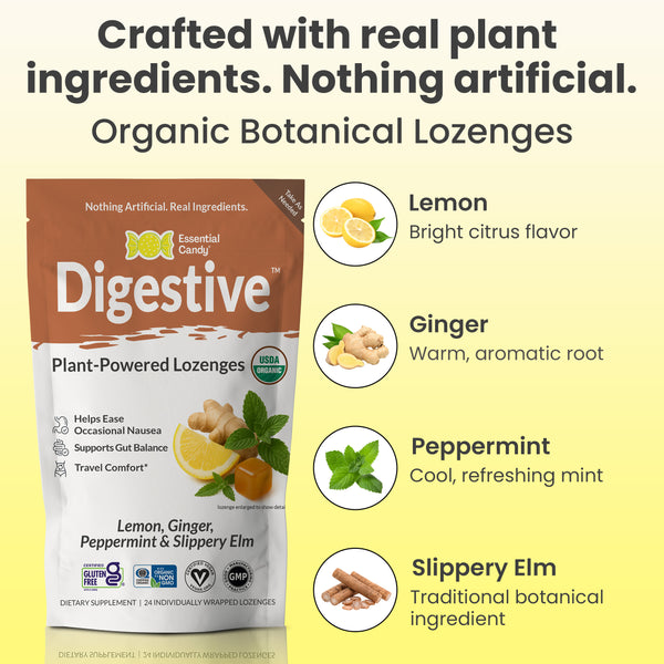 Digestive™ Botanical Lozenges – Occasional Nausea Support & Travel Sickness – Organic Lemon, Ginger, Peppermint & Slippery Elm – Gluten-Free, Non-GMO, Vegan*