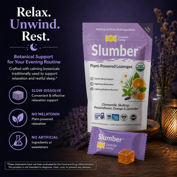 Slumber™ Botanical Lozenges – Relaxation and Restful Sleep Support – Organic Chamomile, Valerian Root, Skullcap, Passionflower, Lavender and Orange – Gluten-Free, Non-GMO, Vegan*