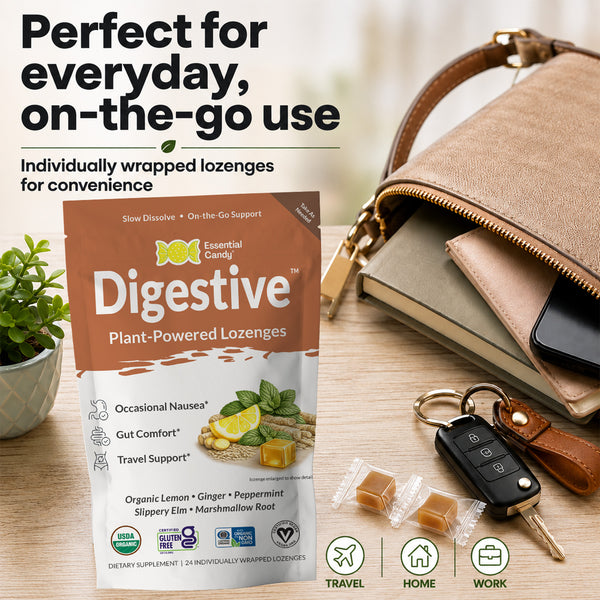 A bag of Essential Candy Digestive Plant-Powered Lozenges is shown on a wooden desk with a beige leather wallet, keys, a notebook, and a small plant. Text on the image highlights 'Perfect for everyday, on-the-go use' and 'Individually wrapped lozenges for convenience.