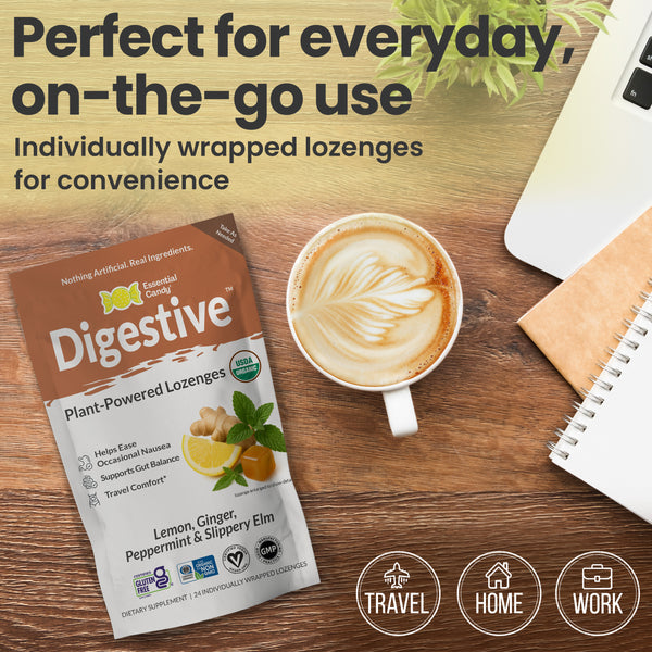 Digestive™ Botanical Lozenges – Occasional Nausea Support & Travel Sickness – Organic Lemon, Ginger, Peppermint & Slippery Elm – Gluten-Free, Non-GMO, Vegan*