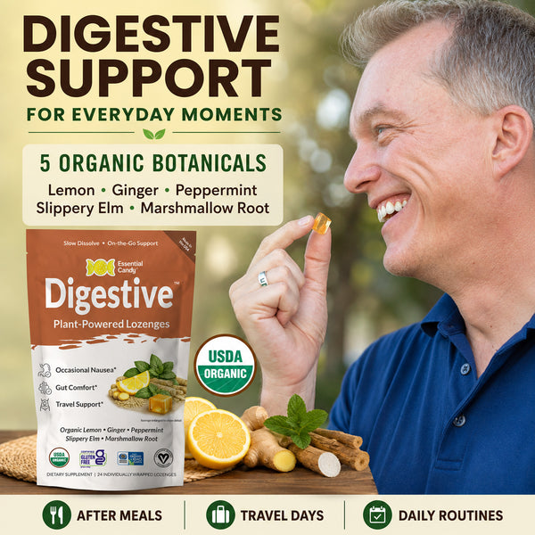 A promotional product graphic for Digestive Support lozenges. On the left is a stand-up pouch of the product with flavor text and ingredient imagery, and on the right a smiling man holds a single lozenge between his fingers.