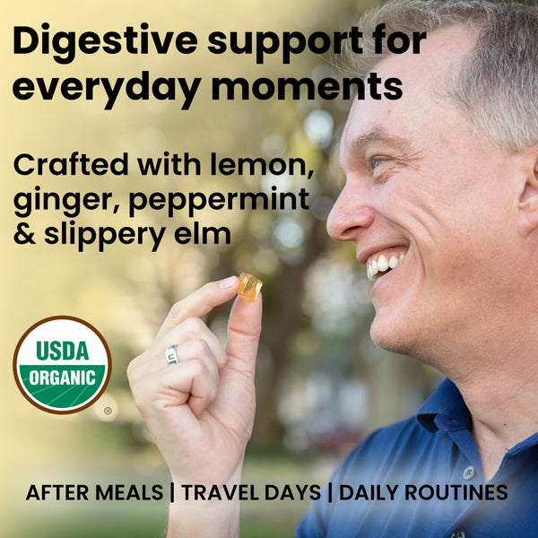 Digestive™ Botanical Lozenges – Occasional Nausea Support & Travel Sickness – Organic Lemon, Ginger, Peppermint & Slippery Elm – Gluten-Free, Non-GMO, Vegan*