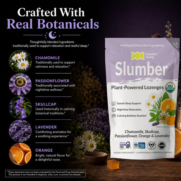 Slumber™ Botanical Lozenges – Relaxation and Restful Sleep Support – Organic Chamomile, Valerian Root, Skullcap, Passionflower, Lavender and Orange – Gluten-Free, Non-GMO, Vegan*