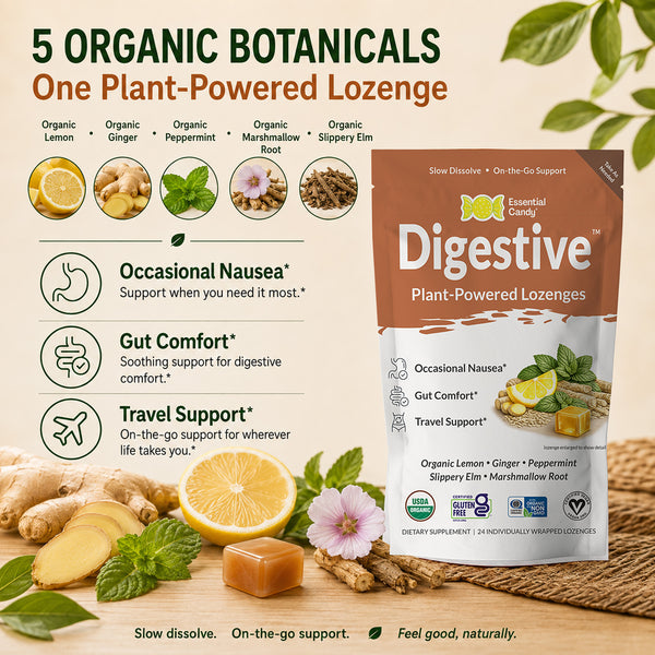 A stand-up pouch of Digestive plant-powered lozenge shown on a styled beige background with botanical ingredients, text callouts, and a small ingredient icon row. The package is brown, white, and orange with lemon, ginger, peppermint, marshmallow root, and slippery elm imagery printed on it.