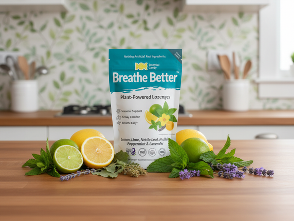 Breathe Better plant-powered lozenges package on a kitchen counter with lemons, limes, and herbs.