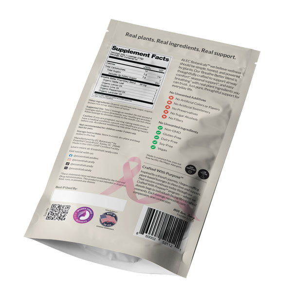 Back of Bag Packaging of EC Botanicals by Essential Candy Breathe Better Botanical Lozenges with lemon, lime, nettle leaf, peppermint, and lavender on a white background.