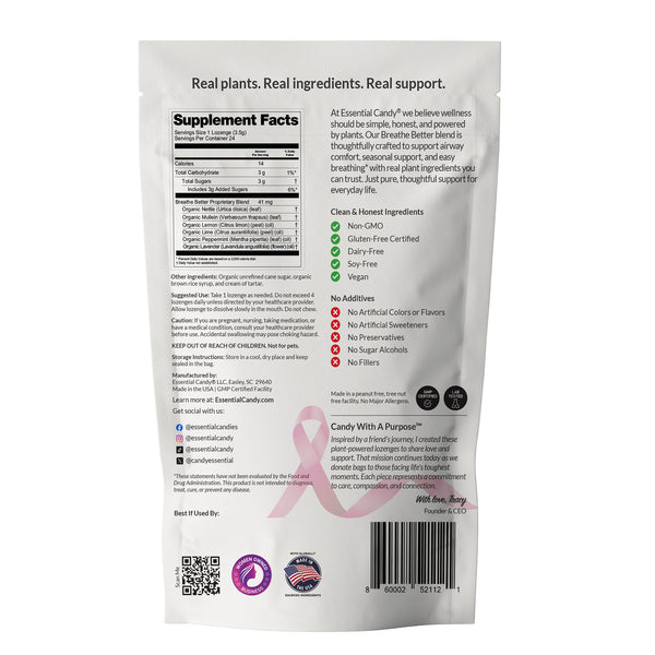 Breathe Better Supplement package with pink ribbon on a white background