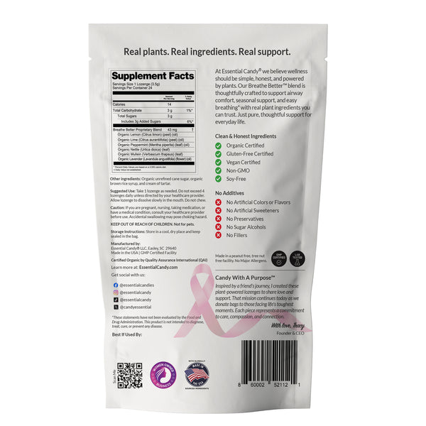 Breathe Better back of bag Supplement Facts with ingredient list and branding on a white background