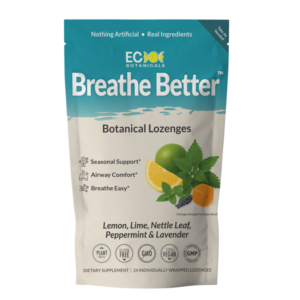 Packaging of EC Botanicals by Essential Candy Breathe Better Botanical Lozenges with lemon, lime, nettle leaf, peppermint, and lavender on a white background.